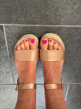 Metallic Rose-Tone Espadrille Slide Sandals with Ankle Strap